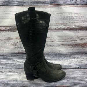 Born Lewisa Croc Embossed Black Leather Heeled Riding Boots, Women’s 6